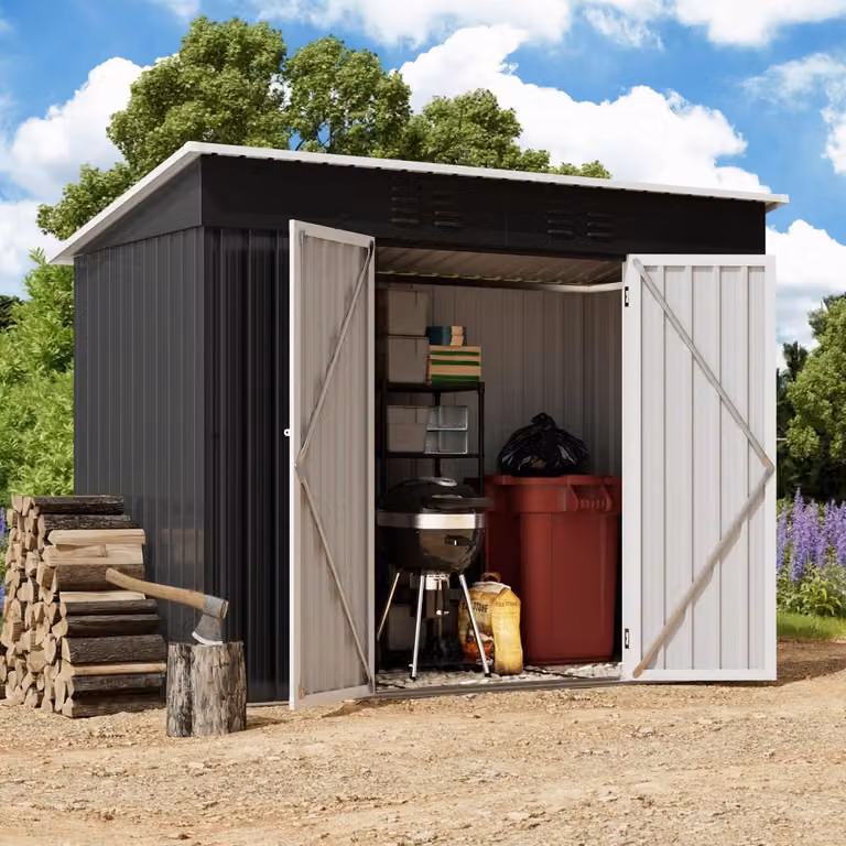 Edificio tecnico in metallo con tetto a falda, dimensioni 228x109x182 cm, colore nero, dotato di porta e telaio per fondamenta
