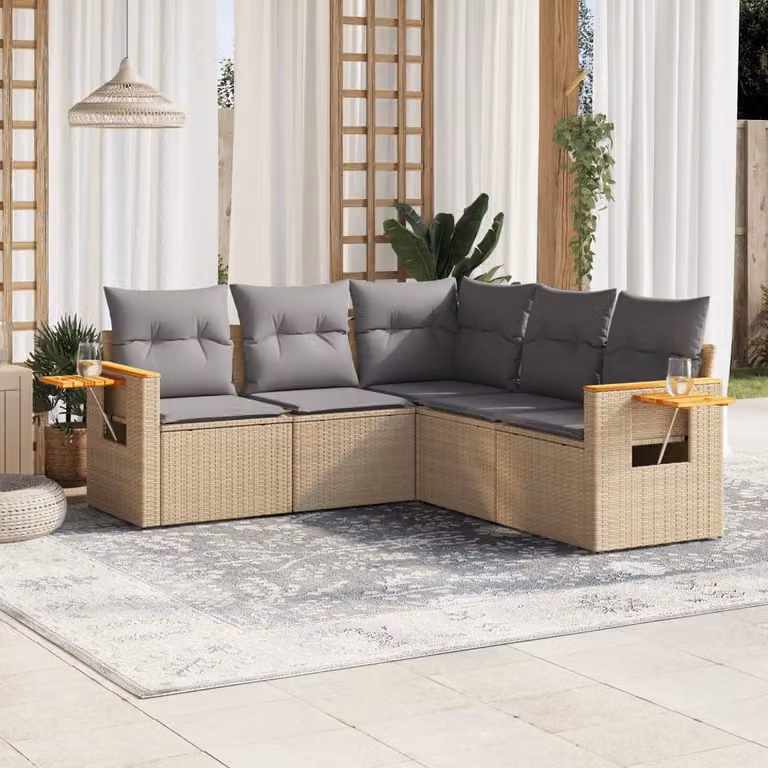 vidaXL Set Divano da Giardino 5 pz a L in Polyrattan con Cuscini Beige e Tavolino da Caffè