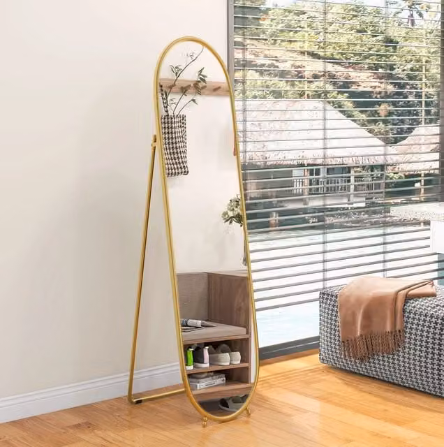Specchio da terra ovale ULEVR 160x40 cm con supporto pieghevole e cornice in metallo dorata