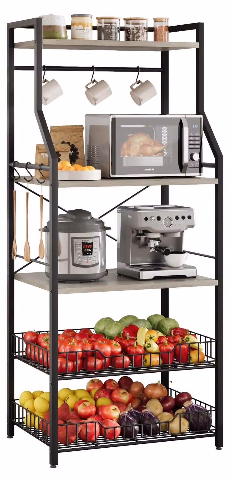 Scaffale da cucina - Supporto per microonde - 5 ripiani - 2 cestelli in filo metallico - Struttura in acciaio - Modello indipendente - Per microonde e friggitrice ad aria - Grigio