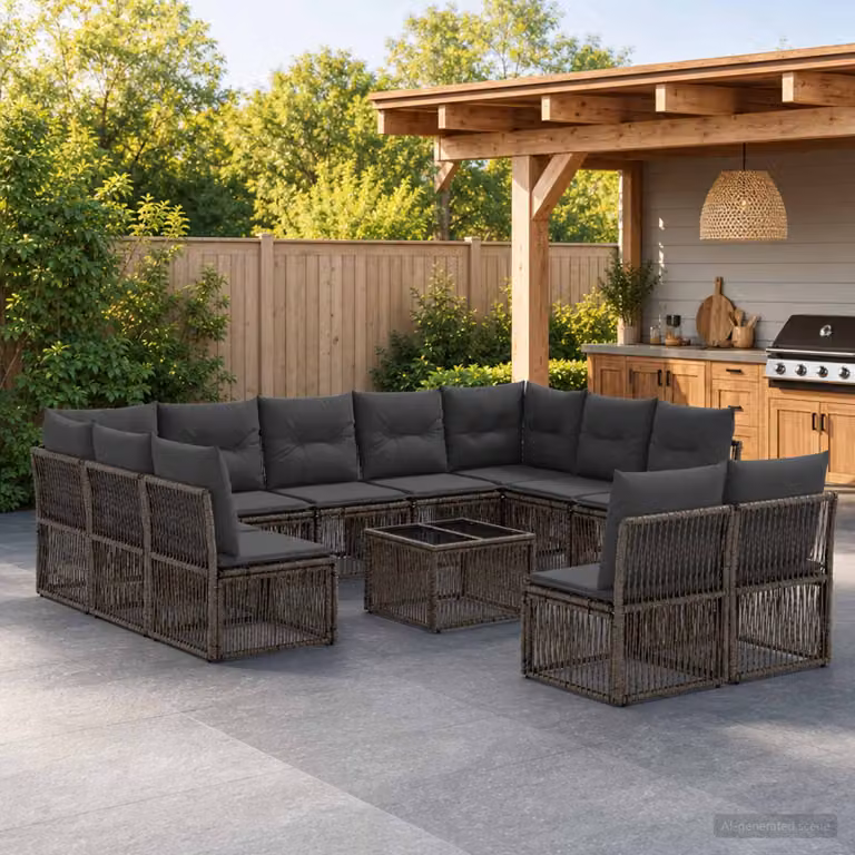 Set Divano da Giardino vidaXL 12 pz Grigio con Tavolino e Cuscini Imbottiti in Polyrattan e Metallo