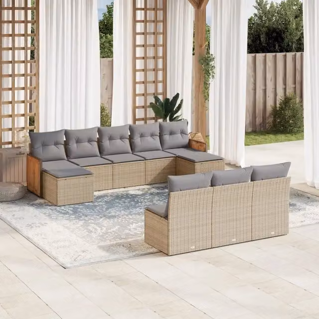 vidaXL Set Divano da Giardino a Forma di U in Polyrattan e Legno di Acacia con Cuscini Beige e Grigio – 1
