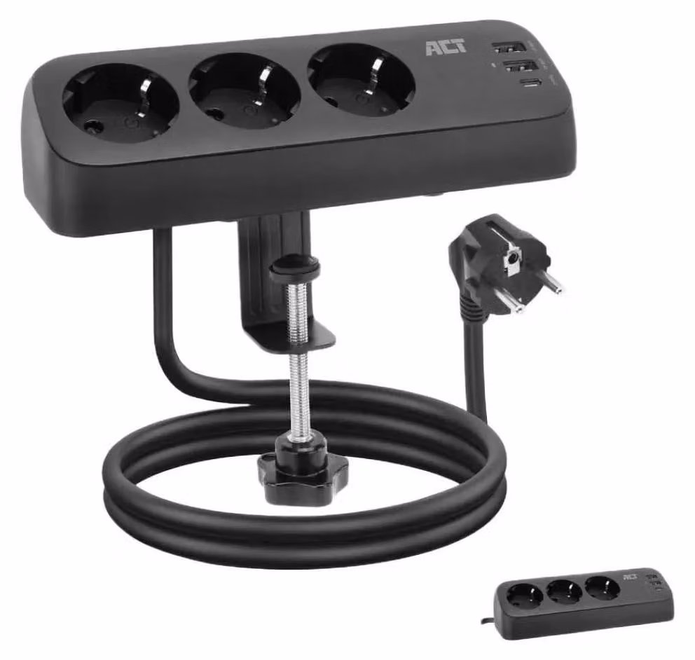 Ciabatta elettrica da tavolo ACT con 3 prese di tipo F, 30 W Power Delivery, porte USB di tipo C/A, lunghezza cavo 1,5 metri, 1,5 m, per interni, tipo F, tipo F, angolato, nero