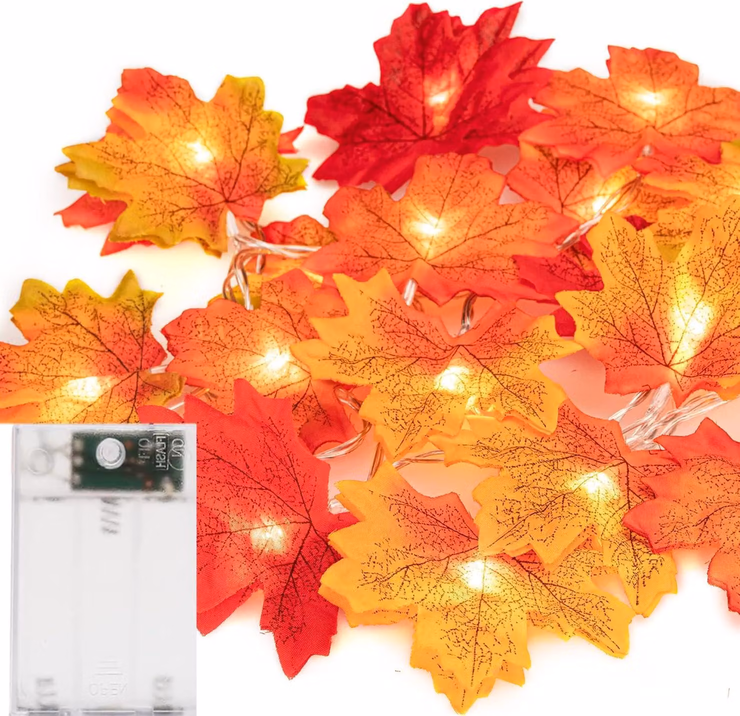 Catena luminosa a forma di foglia d'acero, lunghezza 3 metri, 20 LED, luce bianco caldo, alimentazione a batteria
