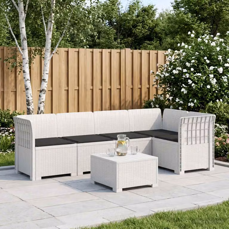 Divano da giardino a L vidaXL in stile rattan con cuscini, bianco e antracite