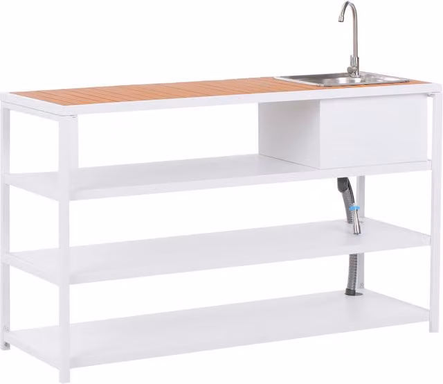 Isola da giardino per esterni con lavello con bocca a leva singola acciaio bianco 159 x 50 x 91 cm con ripiani esterno