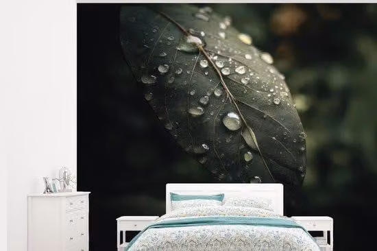 Carta da parati con motivo di foglie - Verde - Nervature - Acqua piovana - Larghezza 325 cm x Altezza 260 cm