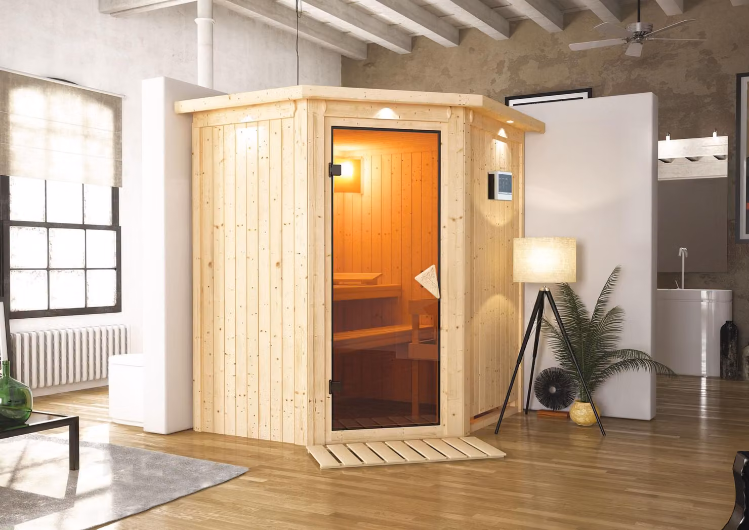 Sauna Karibu Taurin 68mm riscaldamento sauna a tetto 9kW porta interna Classic