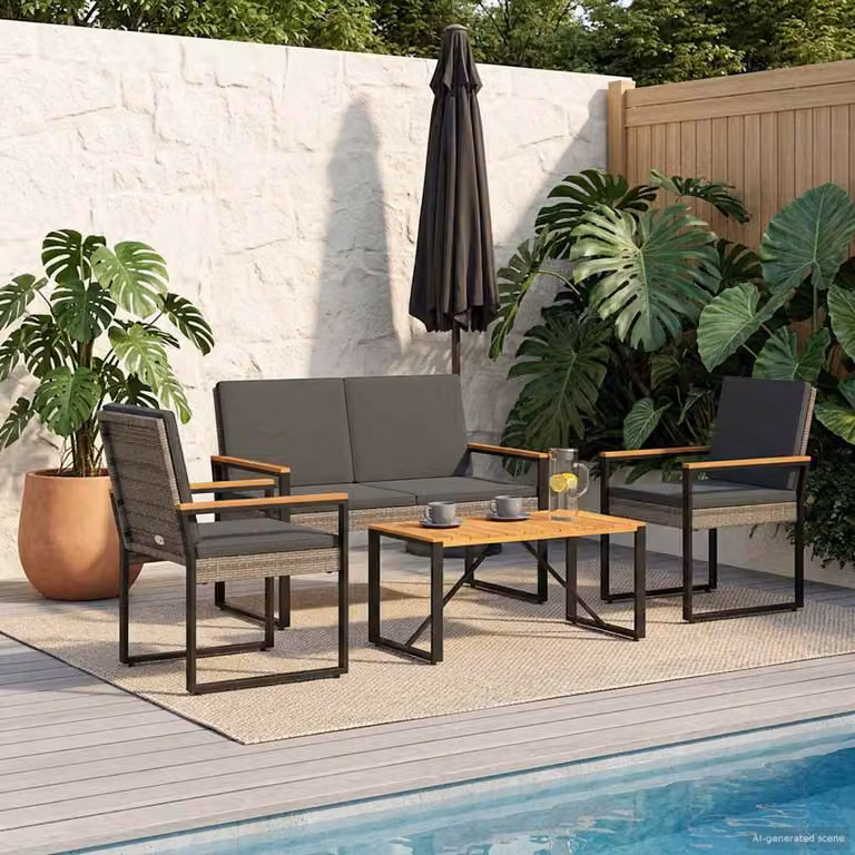Set di mobili da esterno vidaXL in 4 pezzi in polyrattan con legno di acacia, colore grigio e antracite