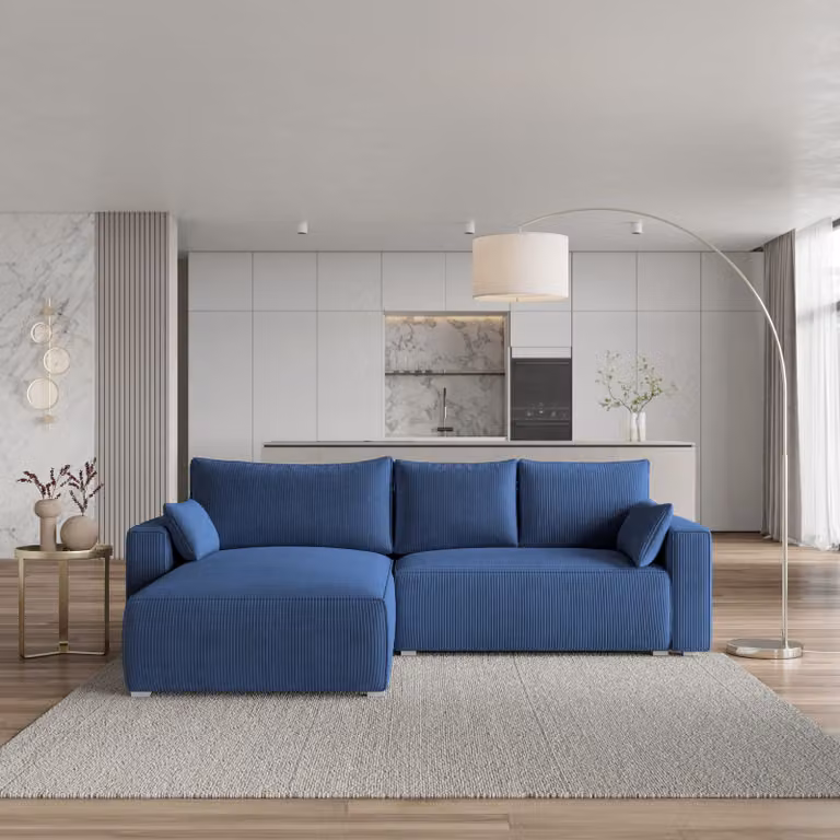 Divano angolare Masseno FORIL P con funzione letto a L, divano con box letto, divano da salotto, divano, divano, divano letto, set di divani - blu, POSO 05