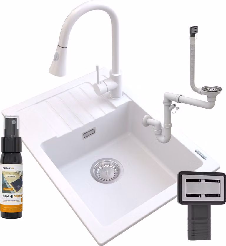 Granitan - Lavello in granito - Lavello da cucina - 62x44x18 cm - Bianco - con rubinetteria SNAKE, sifone e trattamento impermeabilizzante