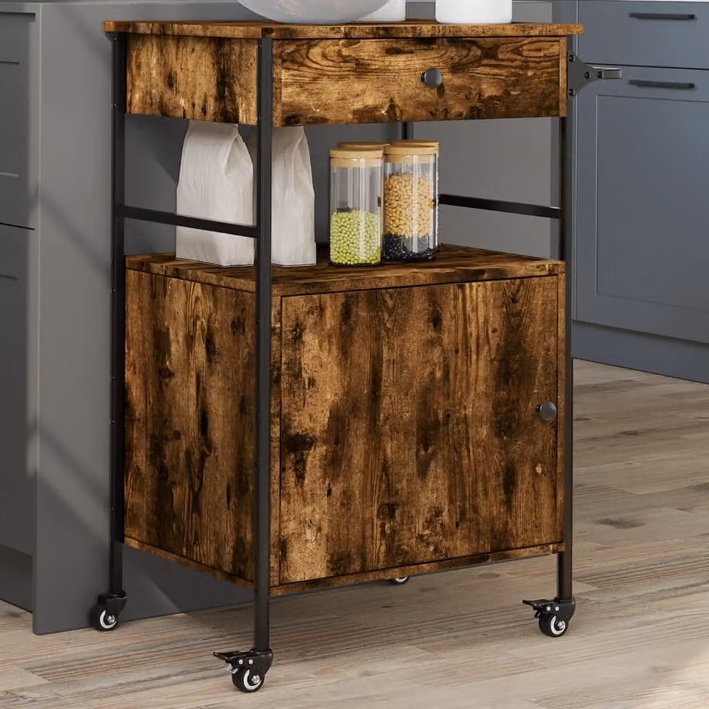 vidaXL Carrello da Cucina in Legno e Metallo Stile Industrial, Colore Rovere Fumo, L 56 cm x P 43 cm x H 89,5 cm