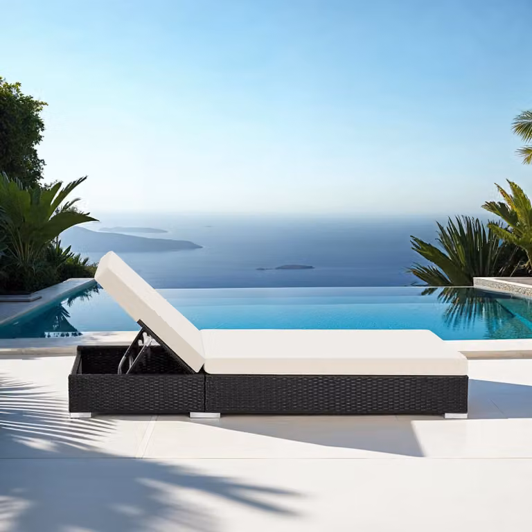Set di 2 lettini in rattan con struttura in alluminio verniciato a polvere e tavolino TecTake GmbH, con poggiatesta regolabile e coperture rimovibili, nero