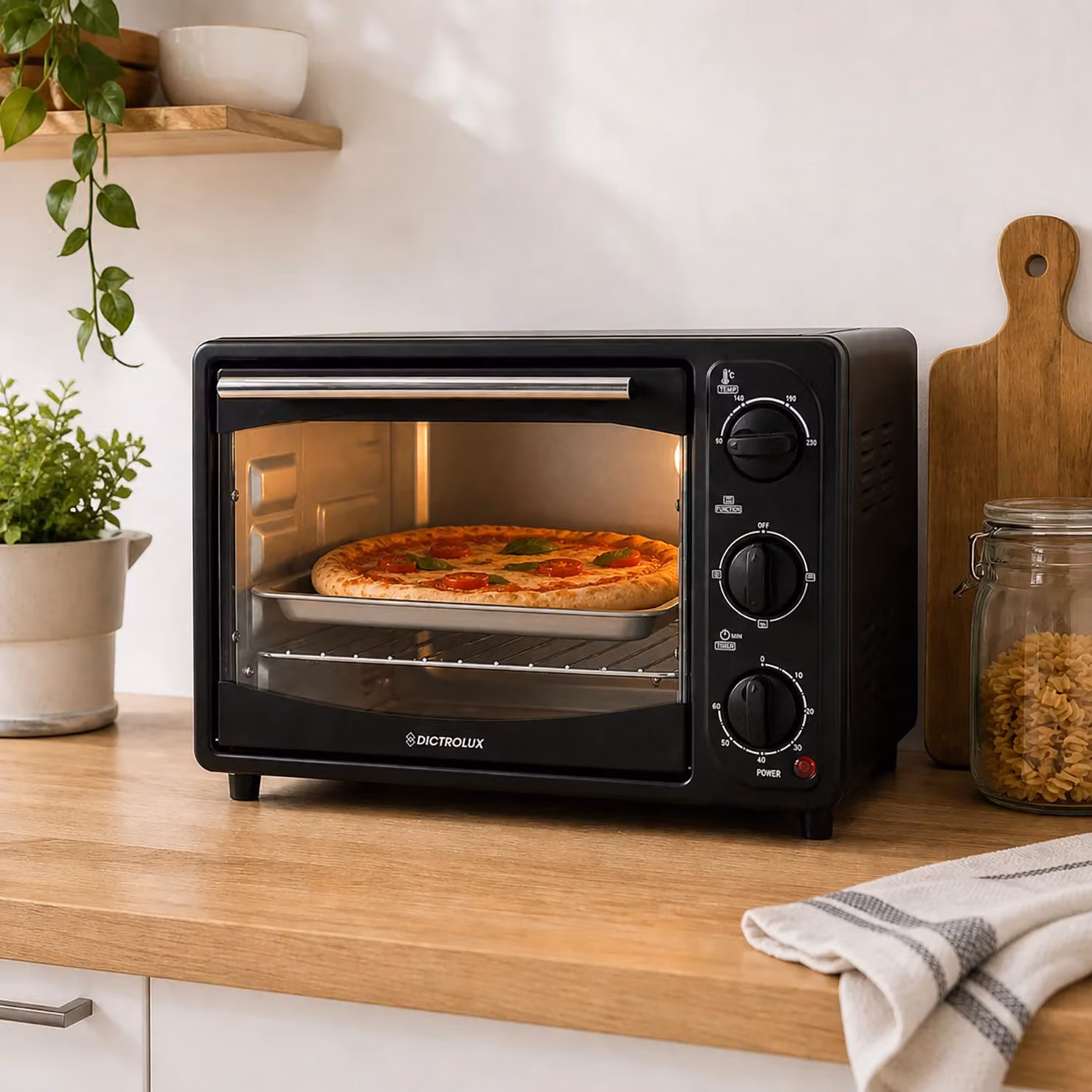 Forno Elettrico DICTROLUX da 18 litri, 1300 Watt, Nero, con Timer e Funzione Top e Bottom Heat, L: 35,2 cm, P: 32,4 cm, H: 26,0 cm – 2