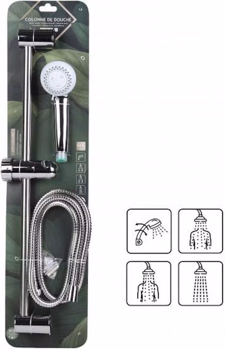 Soffione doccia con asta - Asta doccia regolabile in altezza con getto a pioggia e doccetta - 3 modalità di getto - Argento cromato - Montaggio universale
