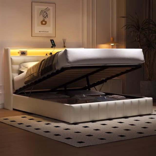 Letto a piattaforma imbottito bianco 160x200 cm con luci LED, porta USB, contenitore e schienale regolabile, rivestito in PU