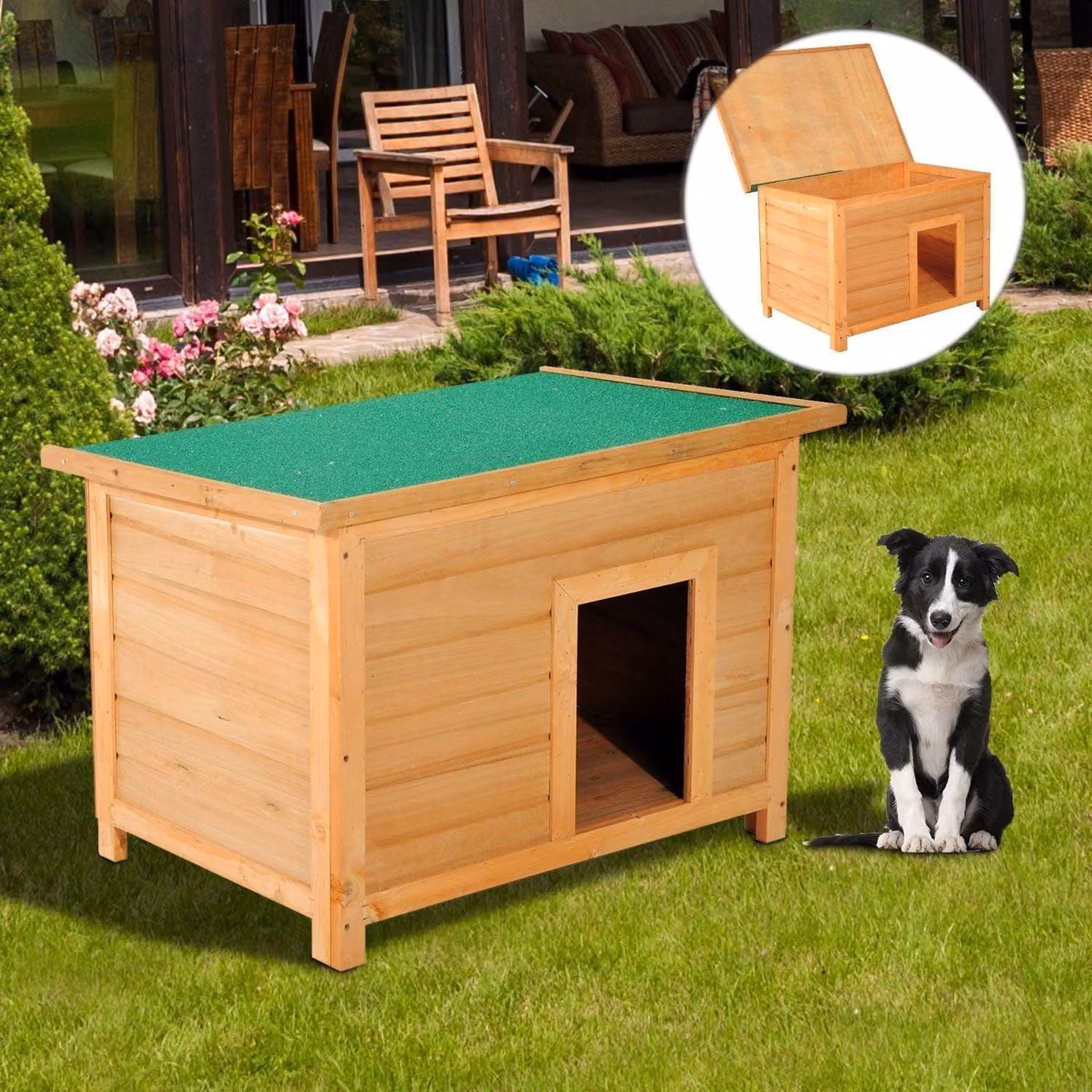 Cuccia per cani in legno di abete con tetto aperto | Colore: marrone, verde | Dimensioni: 33,46 x 22,83 x 22,83 cm