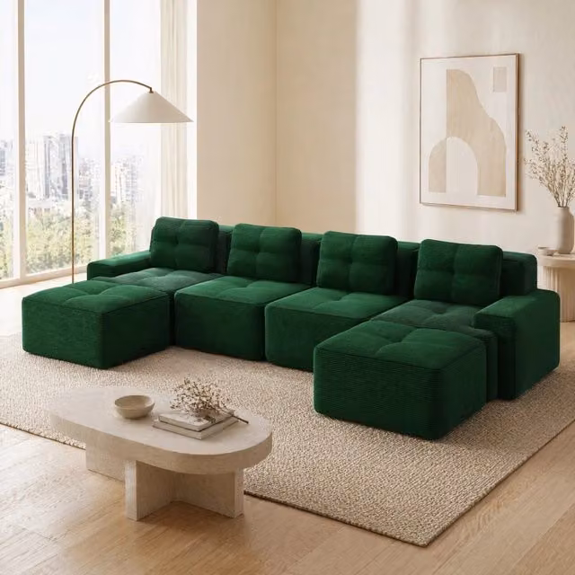 Divano modulare 4 posti a U 382x177x69 cm in velluto a coste verde