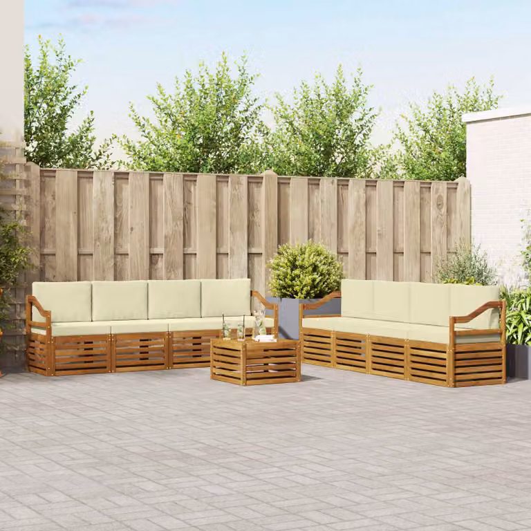 Set di divani da esterno vidaXL 9 pz in legno di acacia con cuscini, forma a L, colori beige, bianco e marrone