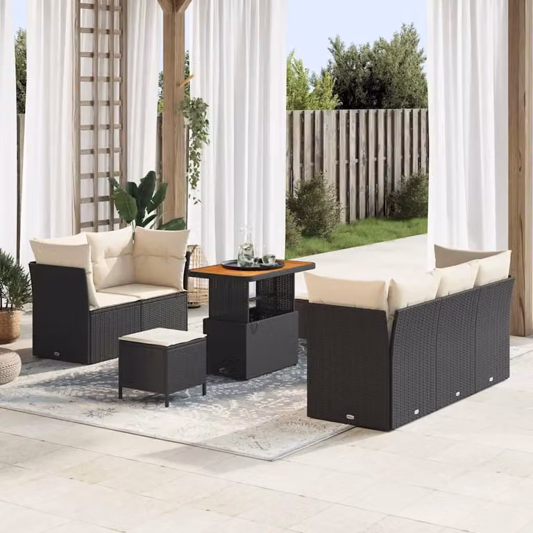 vidaXL Set Divano da Giardino a L con 8 Pezzi, Nero e Beige con Cuscini e Tavolino da Caffè