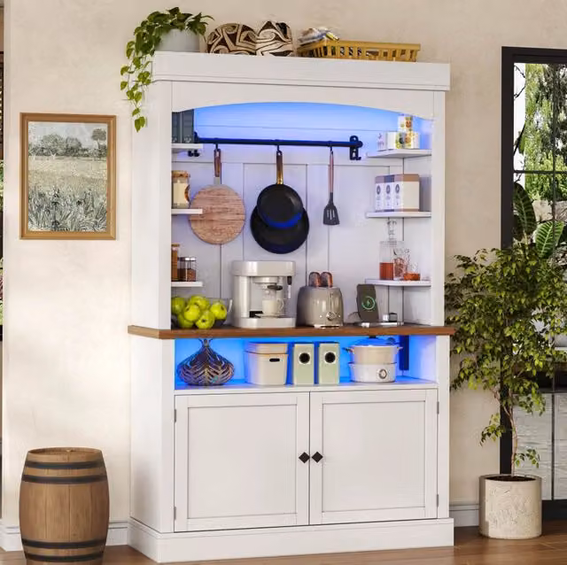 Mobile alto da cucina 183 cm in MDF con illuminazione LED RGB, prese integrate, ripiani e ganci per soggiorno, sala da pranzo e camera da letto