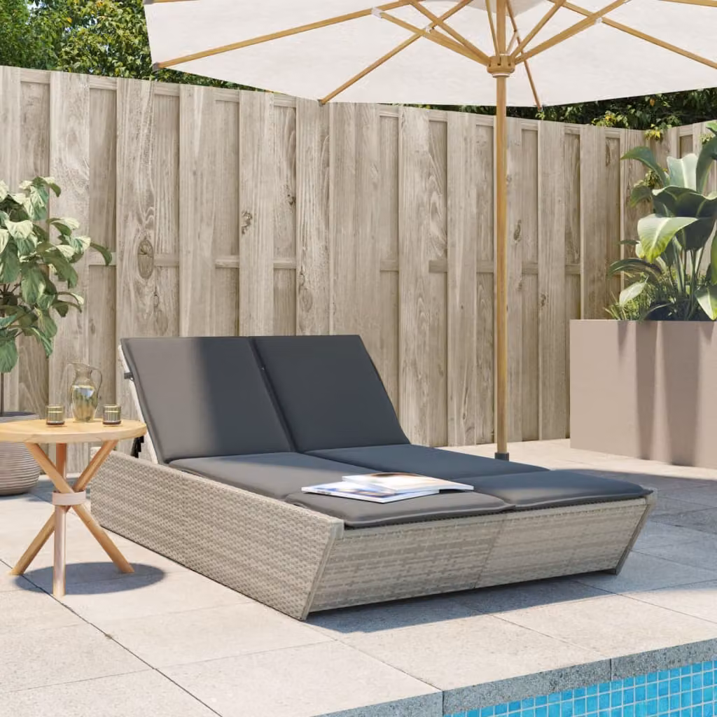 vidaXL Lettino Prendisole Doppio in Polyrattan Grigio con Cuscini e Poggiatesta Regolabile