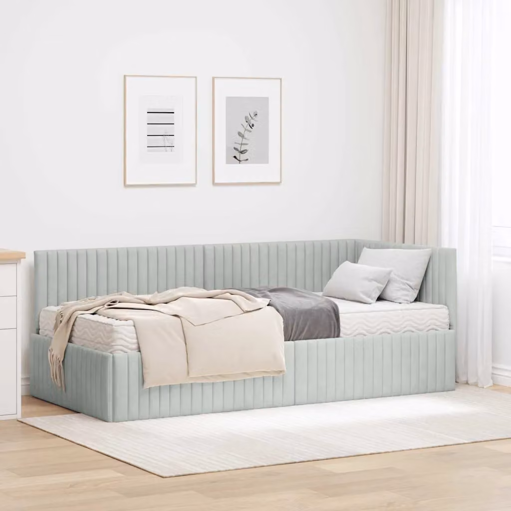 vidaXL Struttura Letto Angolare con 2 Materassi in Velluto Grigio, L/P/H: 190 x 90 x 72 cm