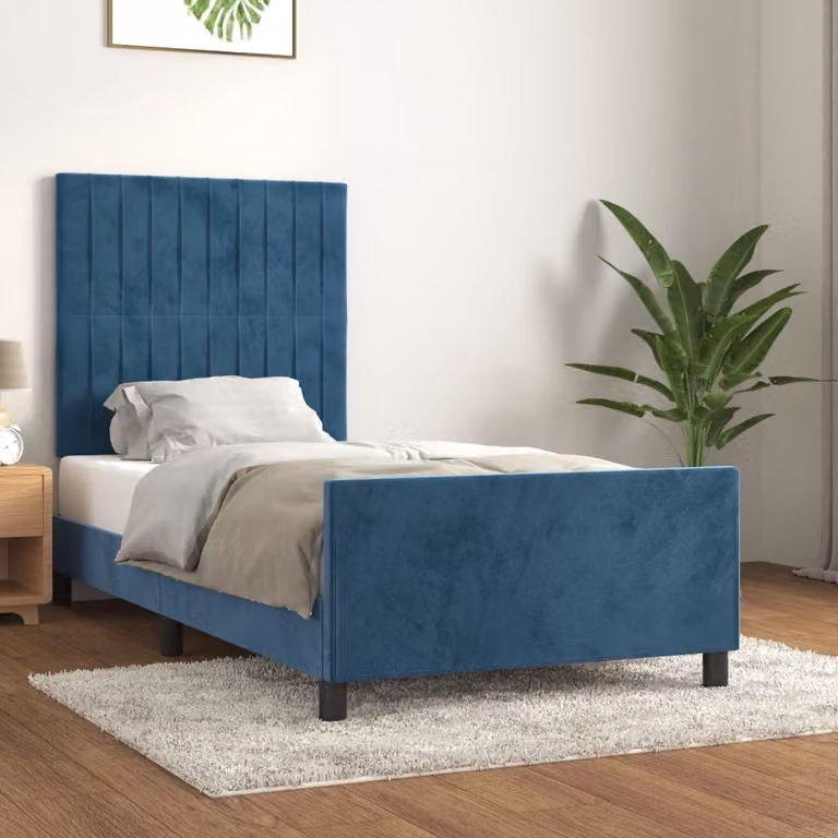 The Living Store Struttura letto con testiera in velluto blu scuro 90x200 cm