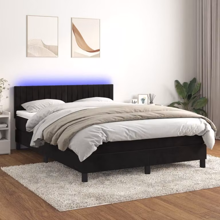 The Living Store Letto a molle con materasso e LED nero 140x200 cm in velluto