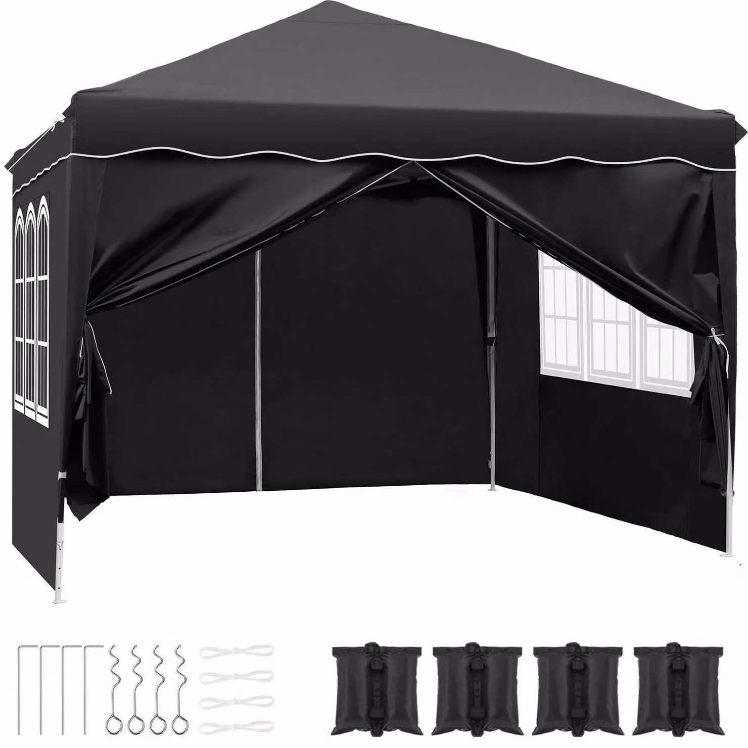 Gazebo da esterno 3x3 metri, impermeabile, stabile, con protezione UV 50+, struttura in metallo nero, completo di sacchi di sabbia
