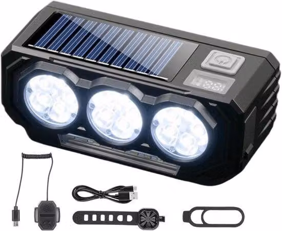 VHV - Lampada per bicicletta con clacson, ricaricabile tramite USB - Faro LED solare per bicicletta, ideale per la guida notturna - 5 modalità di illuminazione - adatta per biciclette da città, biciclette da scuola, mountain bike e per la guida notturna
