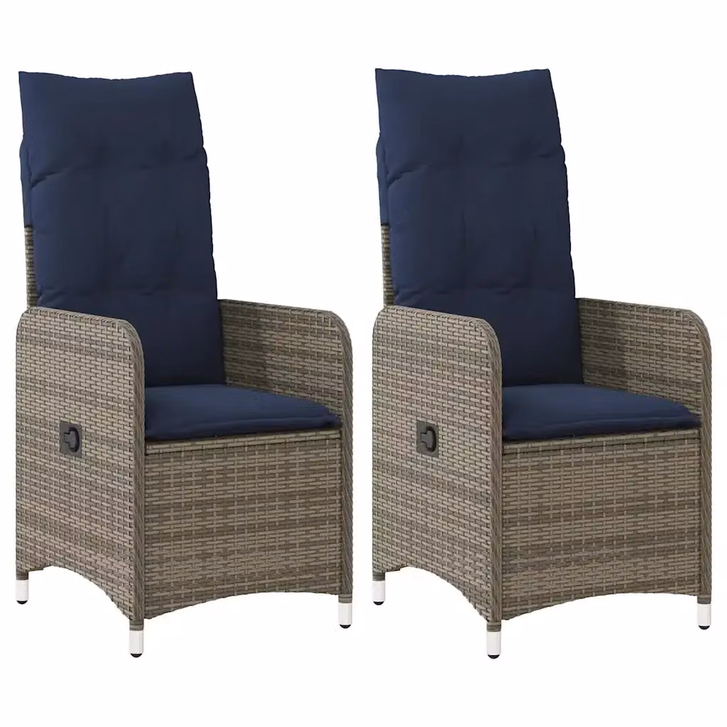 Set di 2 sedie da giardino reclinabili vidaXL in polyrattan grigie con cuscini blu e poggiatesta regolabile – 2