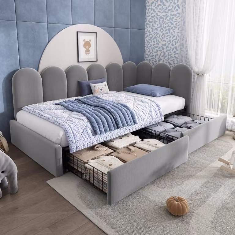 Letto imbottito STILVORA 90x200 cm con cassetti e vano portaoggetti, letto singolo in velluto, daybed trasformabile in divano letto con rete a doghe, letto per ragazzi e adulti, grigio (senza materasso)