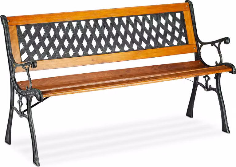 Panchina da giardino Relaxdays, a 2 posti, schienale decorativo, ghisa, montanti in legno, panchina da parco, A x L x P 73 x 125 x 52 cm, naturale