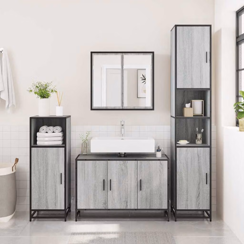 Mobile Lavabo da Bagno vidaXL in Stile Industrial Grigio con Ante a Battente L: 90 cm, P: 33 cm, H: 60 cm