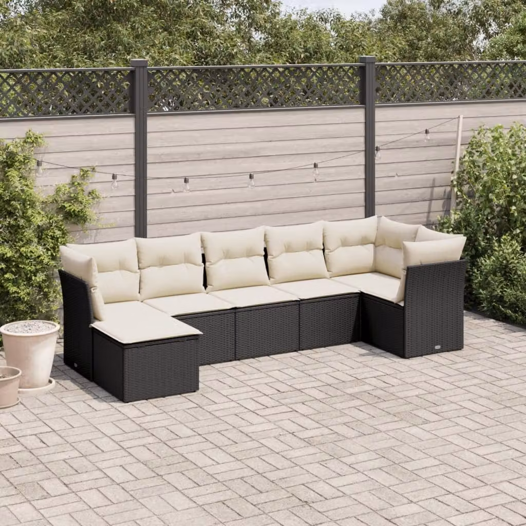 vidaXL Set Divani da Giardino a L con Cuscini 7pz in Polyrattan Nero e Bianco – 1