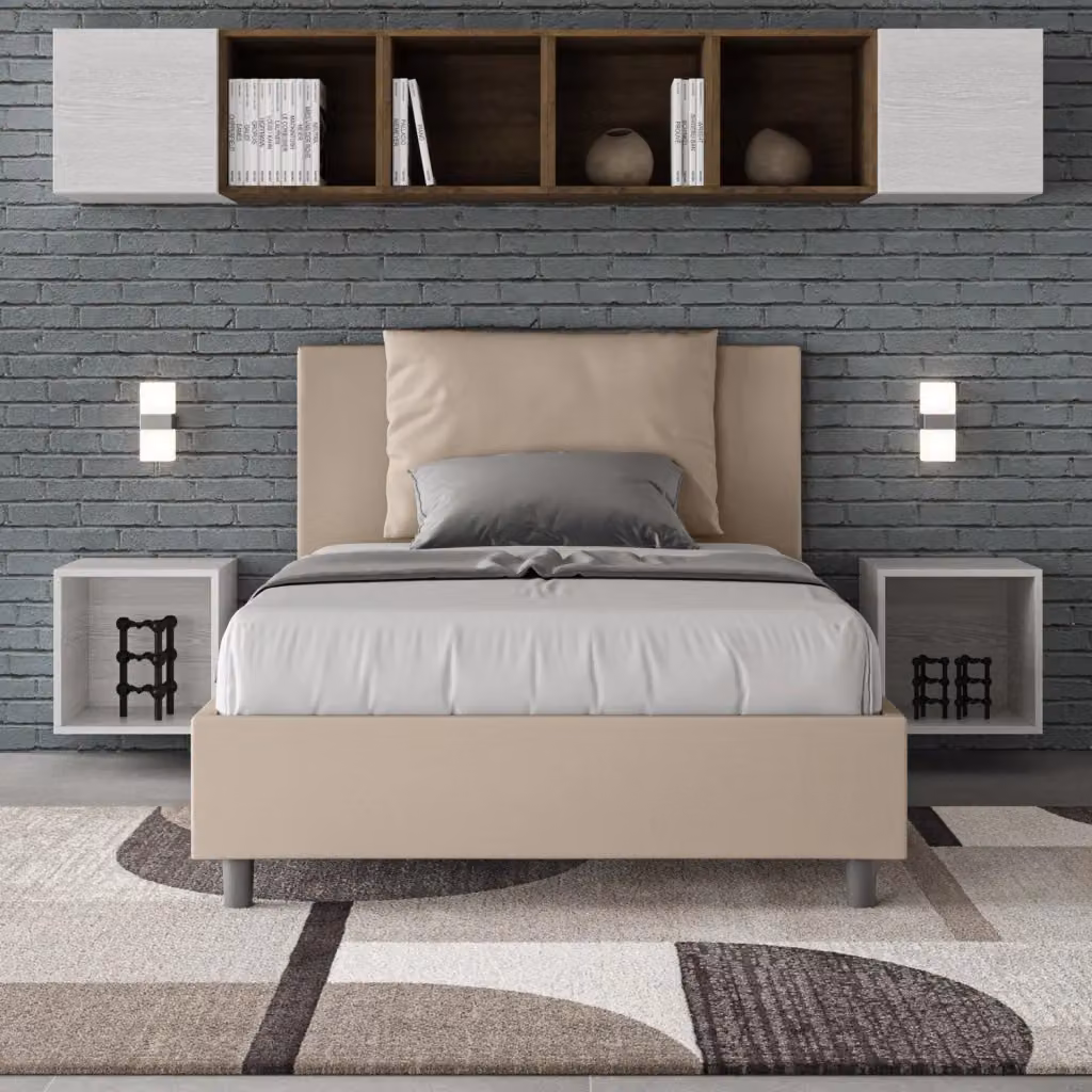 Letto matrimoniale moderno GIORDANOSHOP in tessuto beige con rete a doghe fisse L/P/H: 135 x 110 x 222 cm – 2