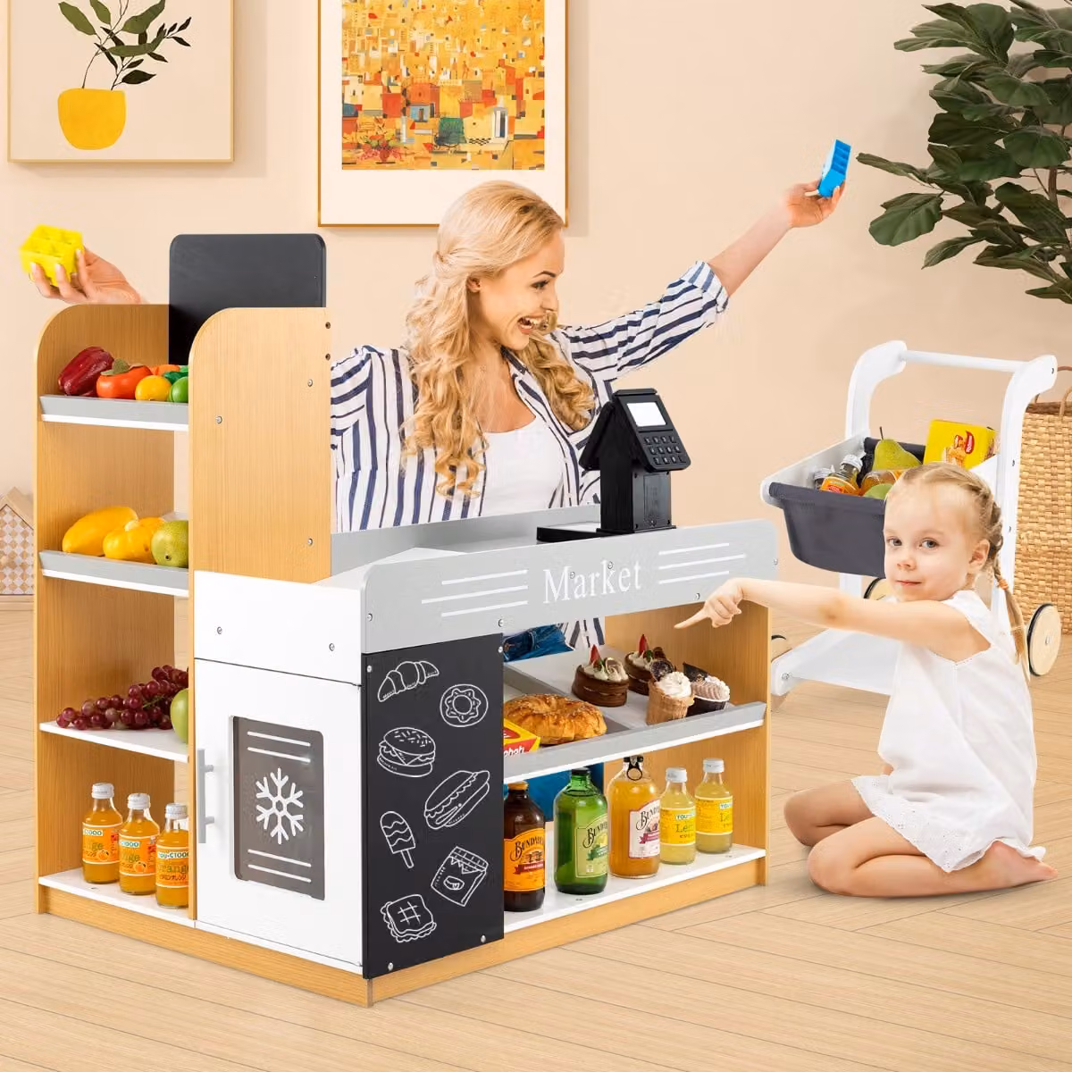 Costway Cucina giocattolo angolare in legn e set da gioco da supermercato, Cucina set per bambini e set da supermercato per piccoli