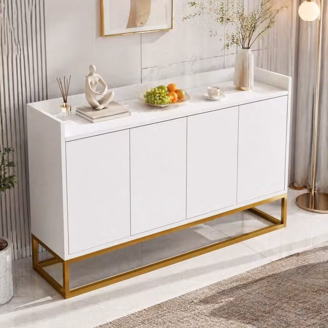 Credenza 120x30x80 cm bianca in truciolare, 4 ante senza maniglie