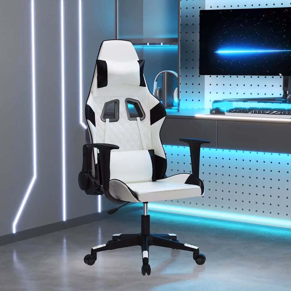 Sedia da Gaming vidaXL in Similpelle Bianco e Nero con Funzione Massaggio e Rotazione a 360 Gradi