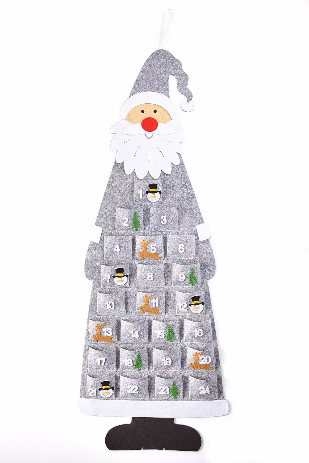 Calendario dell'Avvento in feltro, raffigurante Babbo Natale – Calendario da riempire e appendere – Babbo Natale, colori grigio e bianco