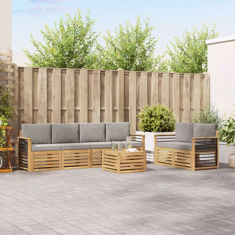 Set di divani da esterno vidaXL 7 pz in legno di acacia con cuscini, modello a L moderno, colori marrone e grigio
