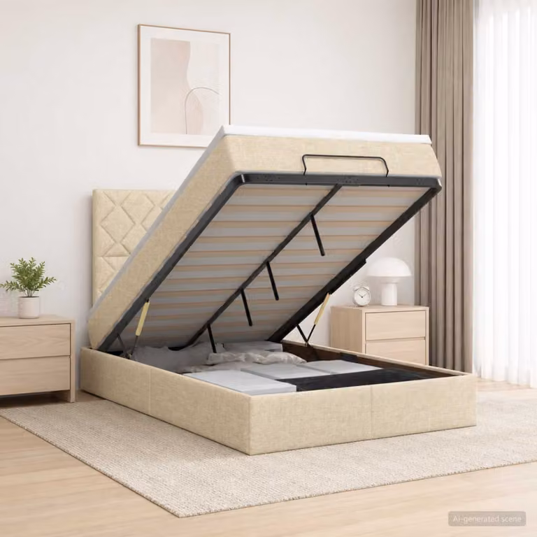 Letto ottomano con materasso vidaXL in tessuto beige e bianco, L/P: 120 x 200 cm
