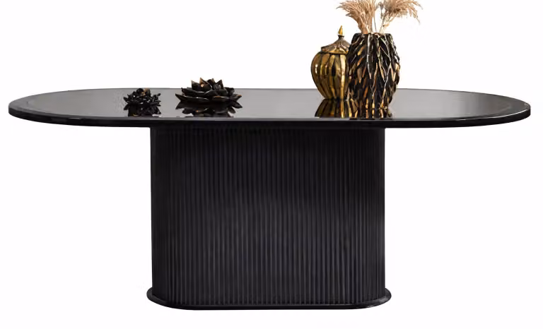 Elegante tavolo da pranzo con piano in vetro nero e base zigrinata