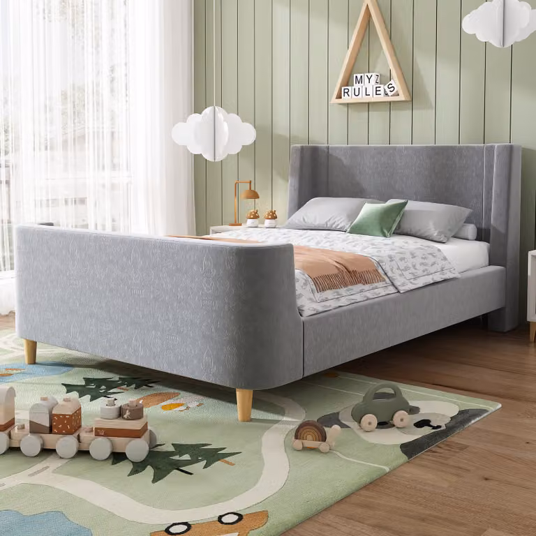 Letto imbottito Flieks 90x200cm con rete a doghe, letto classico letto per bambini letto per ragazzi con rivestimento in velluto, letto singolo letto in legno, grigio