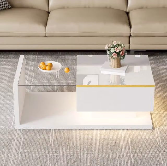 Tavolino da salotto bianco lucido 90x50 cm con piano in vetro temperato e illuminazione LED dimmerabile a 16 colori