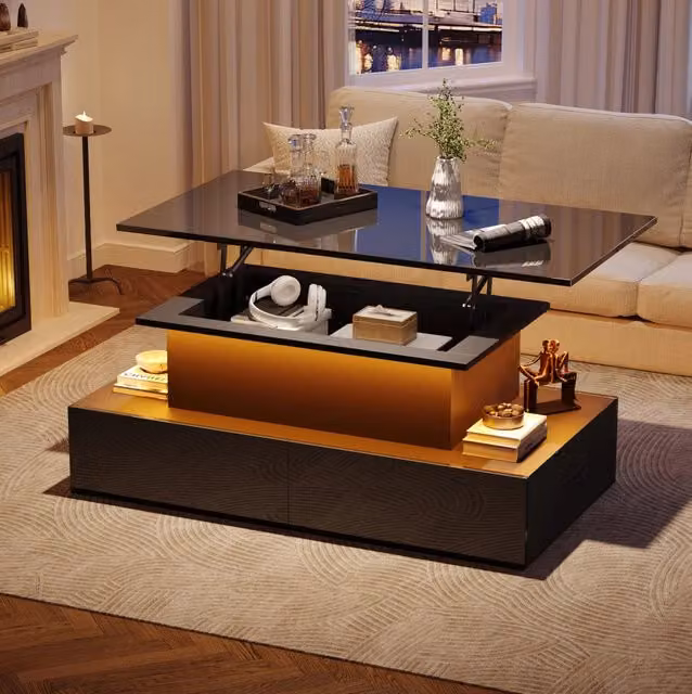 Tavolino da caffè LED nero lucido con 4 cassetti e piano estraibile, 90 × 55 × 41 cm