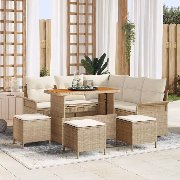 vidaXL Set Divano da Giardino a L con 9 Pezzi, Beige e Bianco, con Cuscini e Tavolino da Esterno