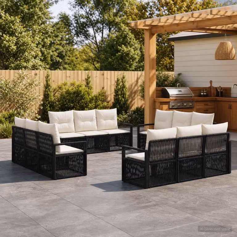 Set Divano da Giardino vidaXL a forma a U in Polyrattan Nero con Cuscini e Struttura in Acciaio