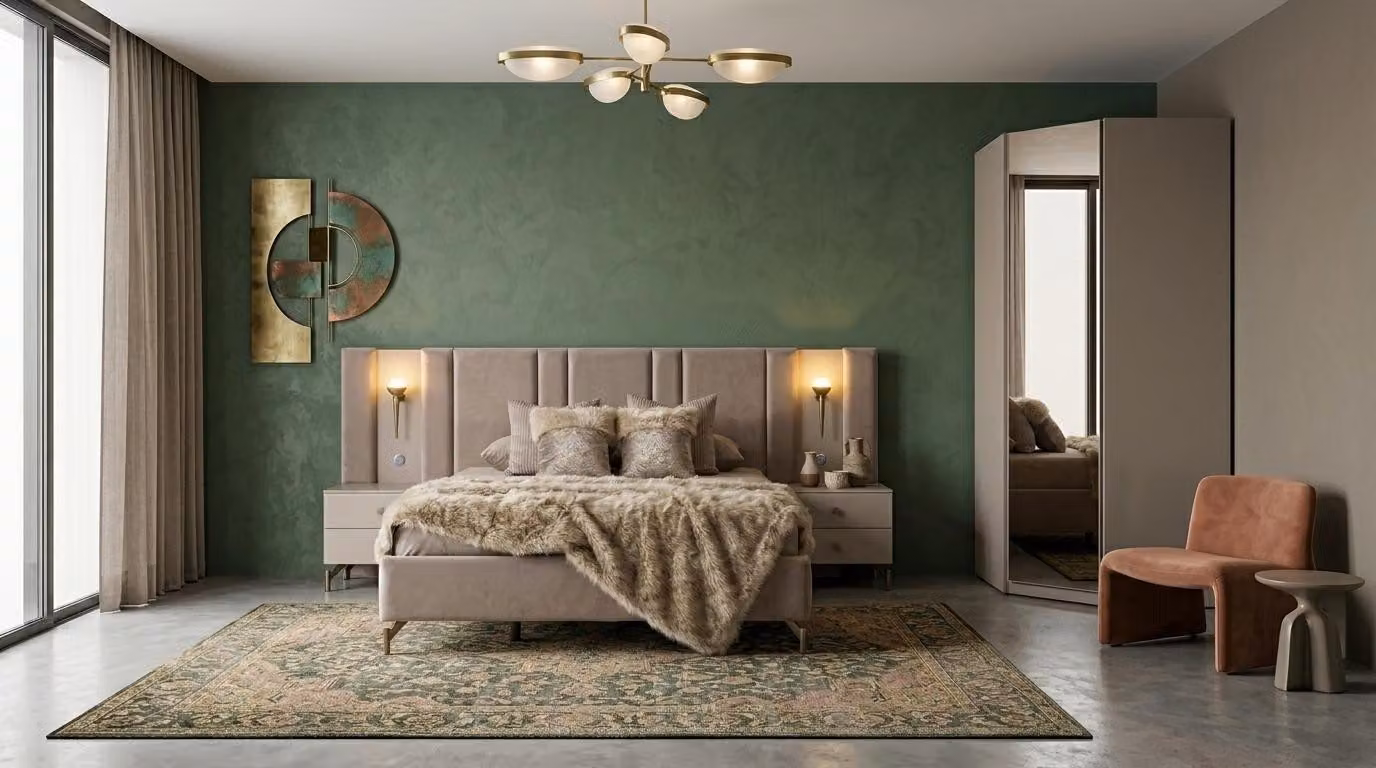 Due comodini, mobiletto angolare, camera da letto, design moderno, colore beige, confortevole